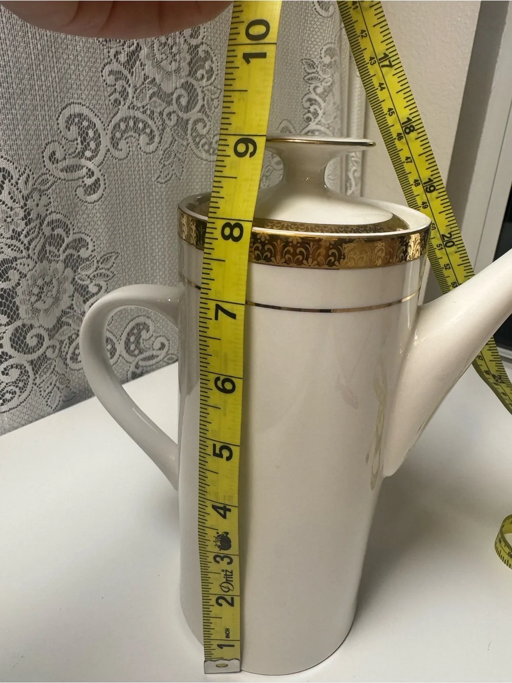 Vintage Sango White and Gold Porcelain Coffee/Tea Pot with Decorative Band
